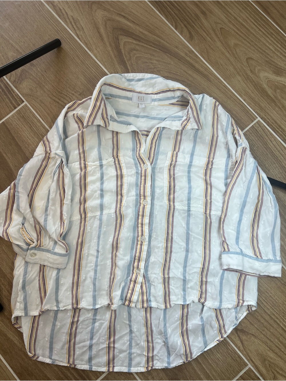 Kut from the Kloth White Button-Up with Blue, Brown & Yellow Stripes